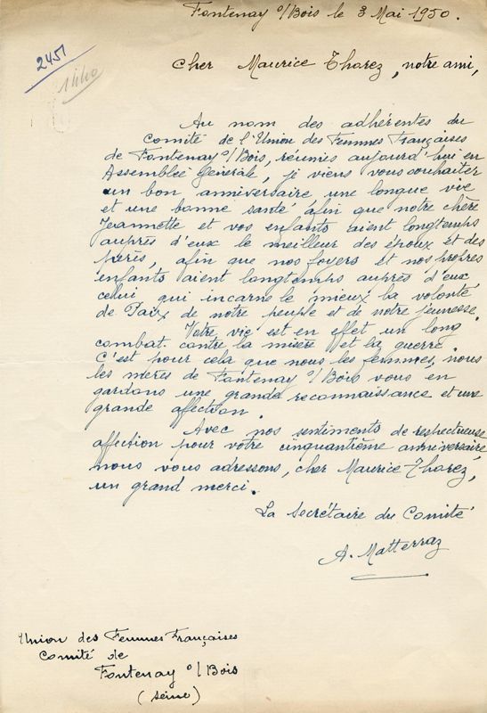 Lettre du comité UFF de Fontenay-sous-Bois (Seine) à Maurice Thorez
