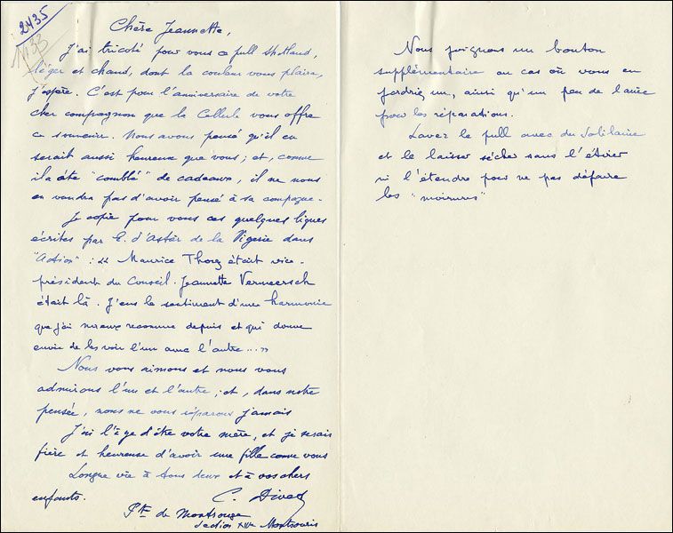 Lettre d'une vieille militante de la Porte de Montrouge (Paris XIVème) à Jeannette Vermeersch