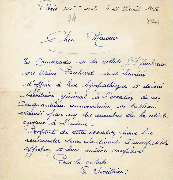 Lettre de la cellule Jean-Pierre Timbaud de l'usine Panhard (Paris 13ème)