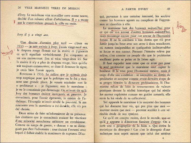Annotations portées par Thorez dans Ville marxiste, terre de mission, le livre que Madeleine Delbrêl, assistante sociale et penseuse catholique, rédiga au sujet de sa mission à Ivry, de 1933 à 1957.