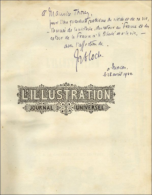 Dédicace de l'écrivain communiste Jean-Richard Bloch à Maurice Thorez, dans un livre offert à ce dernier pour son 44ème anniversaire.