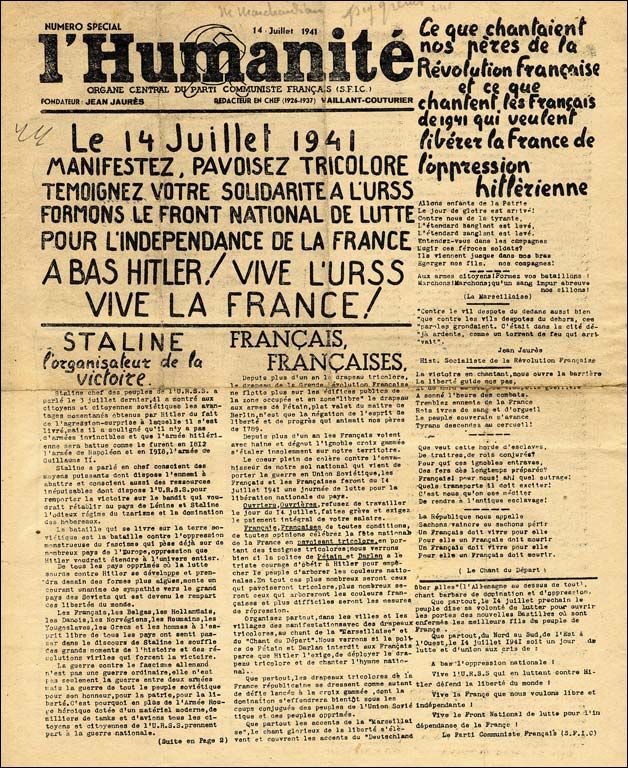 Numéro de 'L'Humanité' du 14 juillet 1941 diffusé clandestinement en Saône-et-Loire.