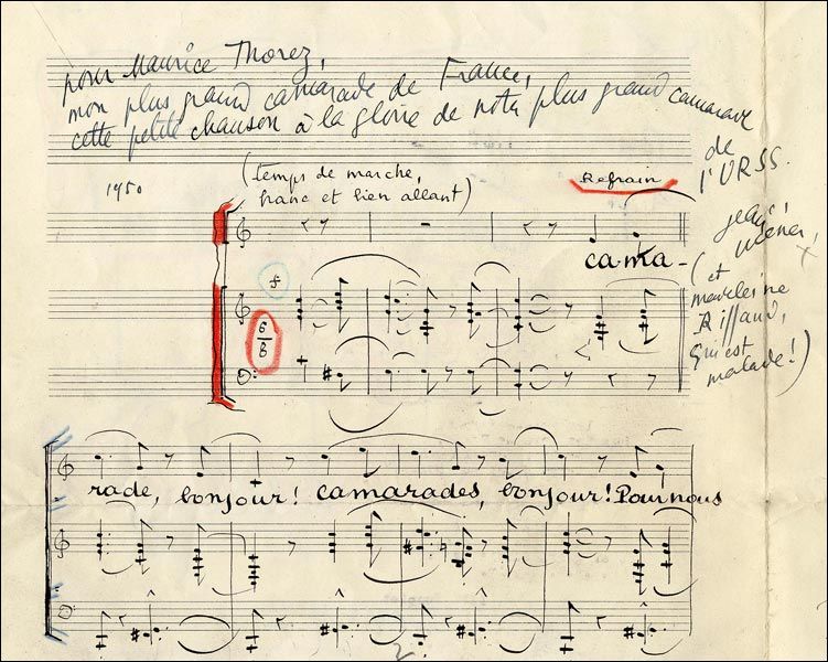 Dédicace de Jean Wiener et Madeleine Riffaud dans une partition originale offerte à Thorez pour son 50ème anniversaire.