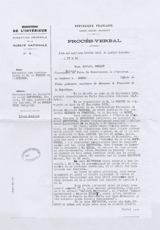 Procès-verbal de la perquisition effectuée au domicile de Joseph et Jeanne Septfonds, le 4 octobre 1939.