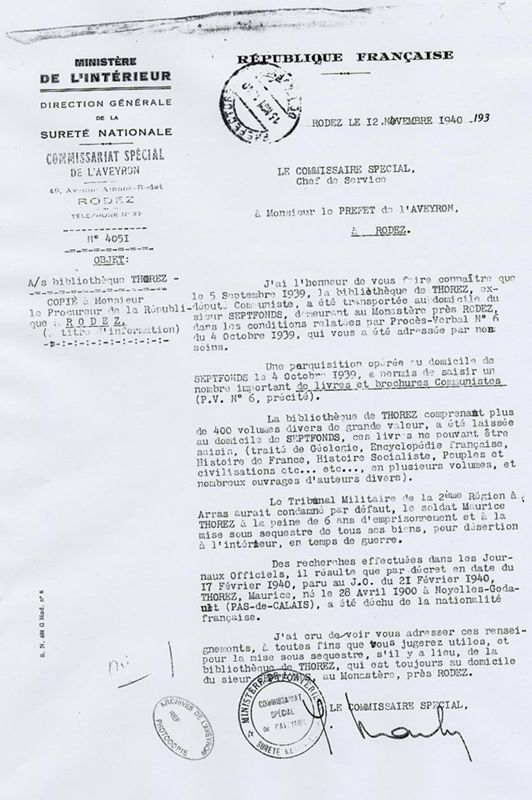 Rapport du commissaire spécial de l'Aveyron au préfet du département, 12 novembre1940.