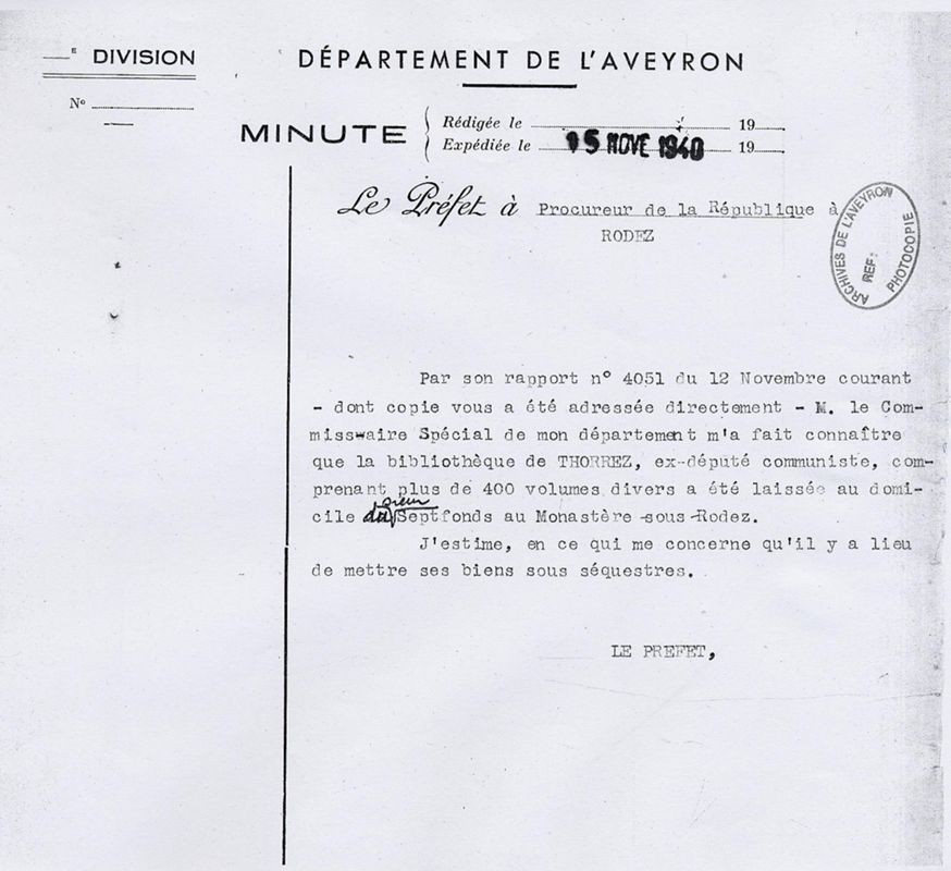 Message du préfet de l'Aveyron au procureur de la République à Rodez, 15 novembre 1940.