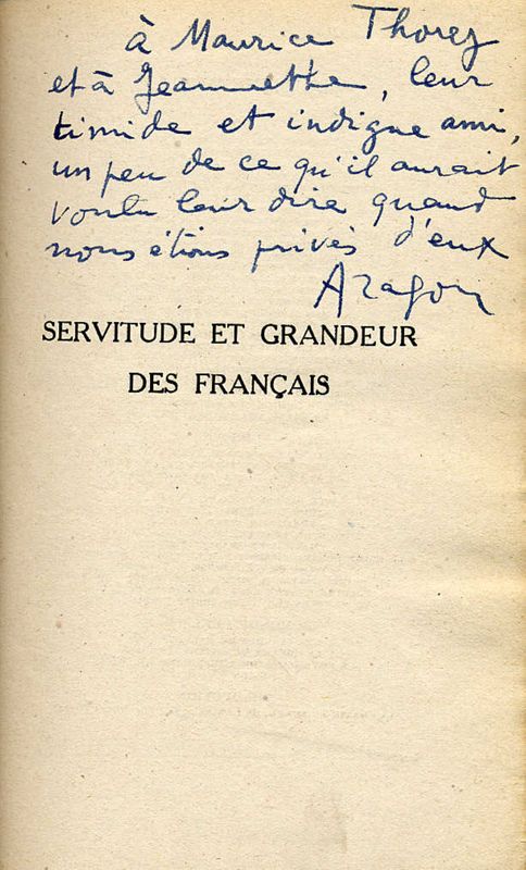 Dédicace de Louis Aragon à Maurice Thorez et Jeannette Vermeersch, en 1945.